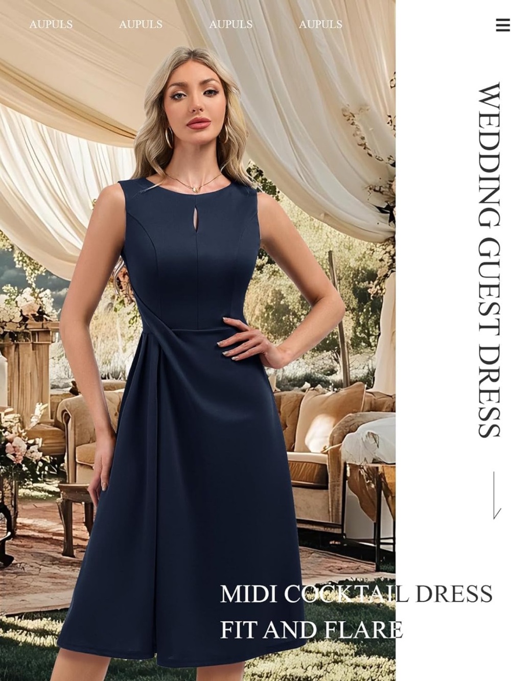 Navy Sleeveless Midi Cocktail Dress